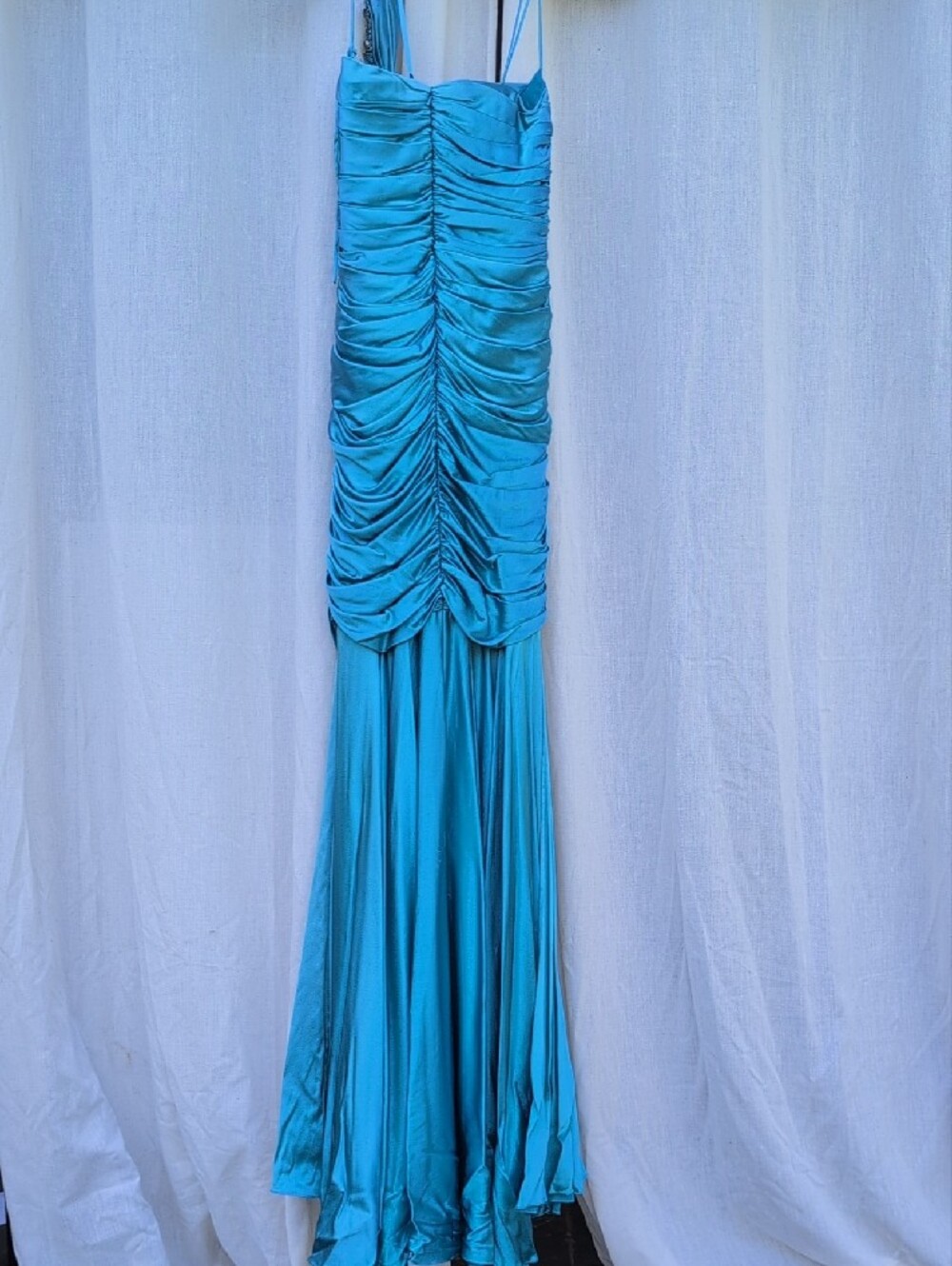 Jovani 155788 Turquoise One-Shoulder Ruched Satin Evening Gown with Beaded Bow - Picture 4 of 7